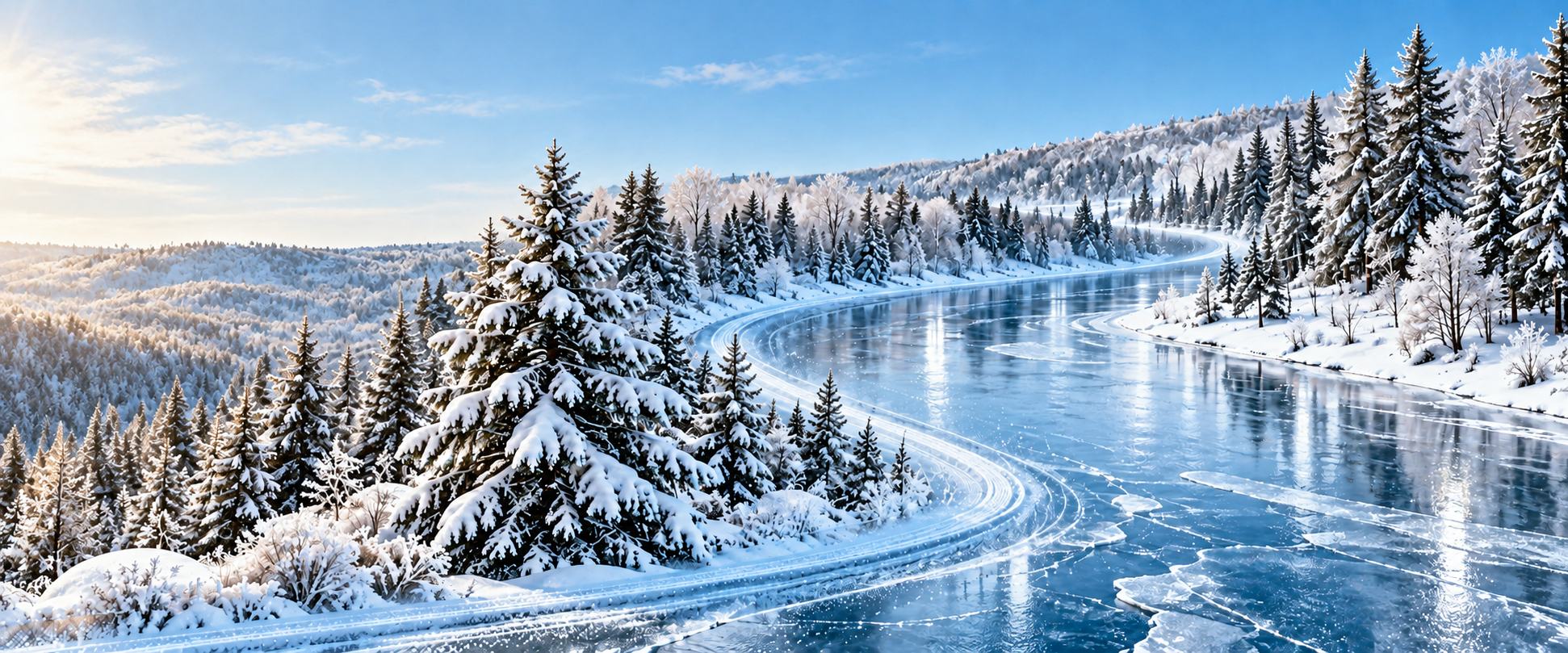 Daylight over the snow-covered forest and curving frozen lake