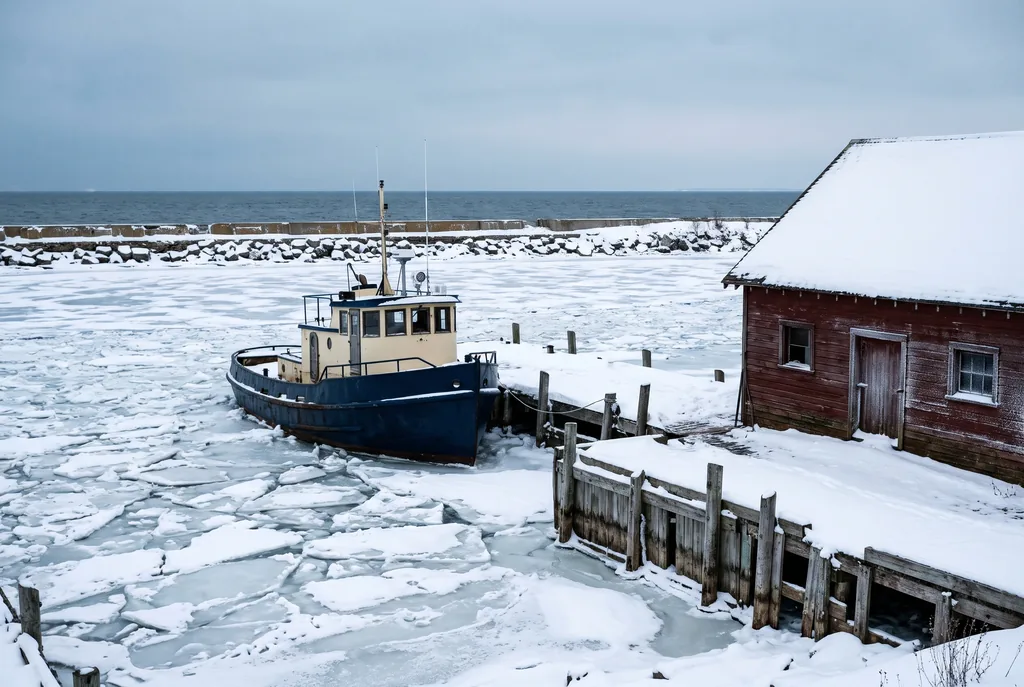 A fishing tug frozen in at a small Lake Huron harbor