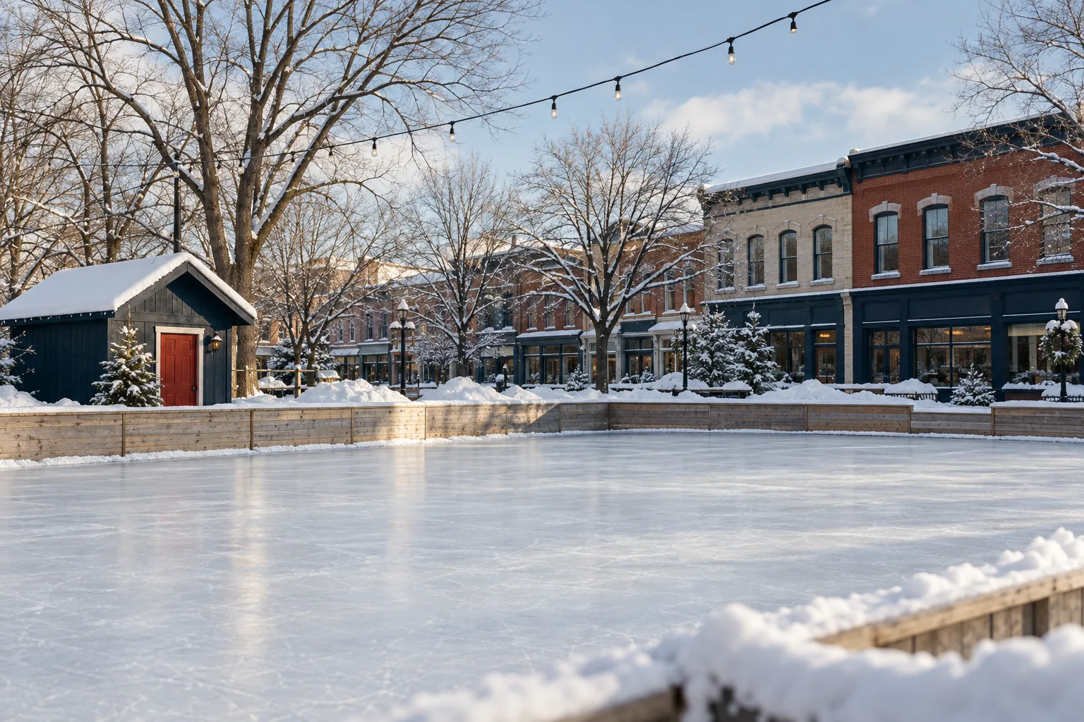 An outdoor town ice rink with a warming hut