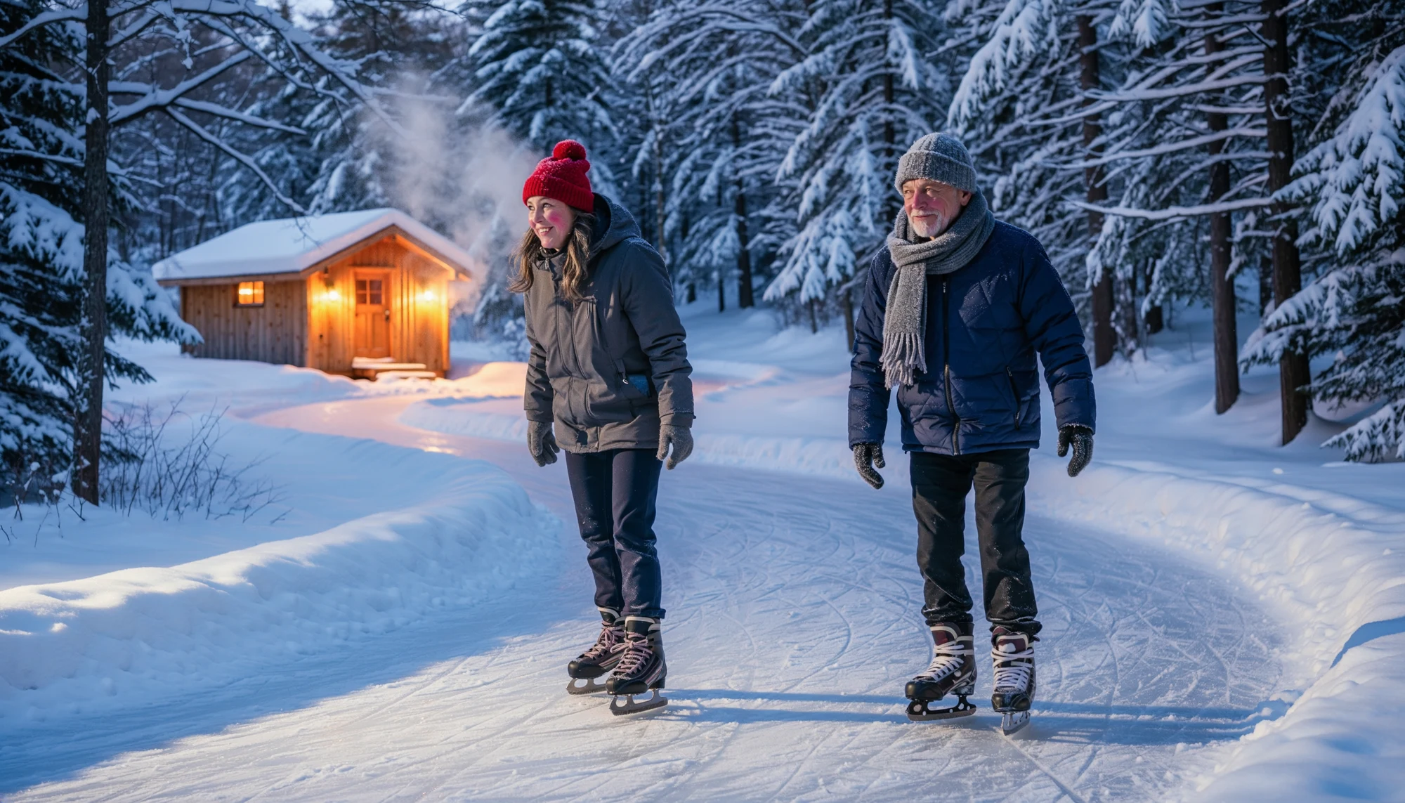 Glossy illustrated winter cabin glowing warmly in snow