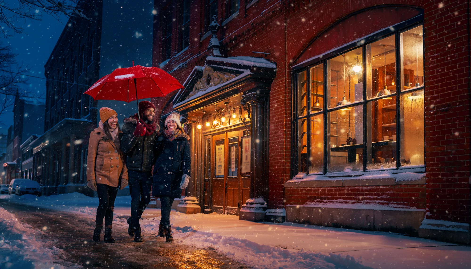 Two people under a red umbrella outside warm winter windows