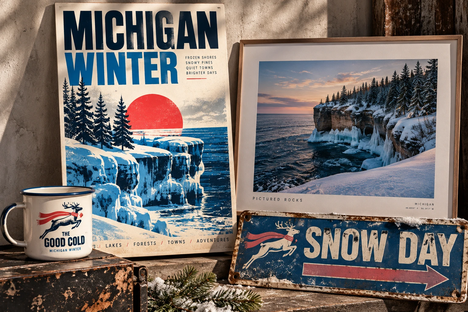 Framed winter shoreline art study inspired by Pictured Rocks.